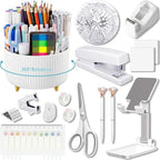 Office Supplies, White Desk Accessories,Desk Organizer,Phone Stand,Scissors,Stapler,Tape Dispenser,Binder clips,Staples,staple remover,Sticky Notes,Index Tabs,Clear Tape,Mini Box Cutter,Cool Pen.16pcs by suniya