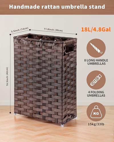 Rattan Umbrella Stand, Umbrella Holder for Entryway, Hand Woven Umbrella Rack Organizer Freestanding, with a Detachable Drip Tray, 4 Hooks, 11.8" L x 5.5" W x 16.5" H - Image 3