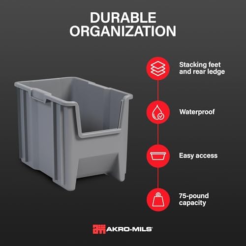 Akro-Mils Stak-N-Store Stackable Storage Bins, 17.5"x11"x12.5", Grey, 4-Pk - Image 3