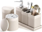 6-Piece Beige Bathroom Set - Sleek Resin Bathroom Accessories Set with Soap Dispenser, Toothbrush Holder, Vanity Tray, Tumbler & Apothecary Jars for Small Spaces by LetUsMakeHomeYourFavoriteDestination