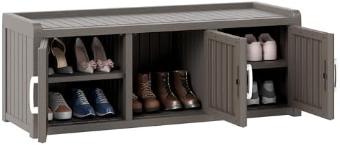 2-Tier Storage Bench, Waterproof UV-Resistant Outdoor Shoe Storage Cabinet with 3 Doors & Adjustable Shelves for Indoor Outdoor Entryway, Hallway, Living Room (Grey) by NBYSGO
