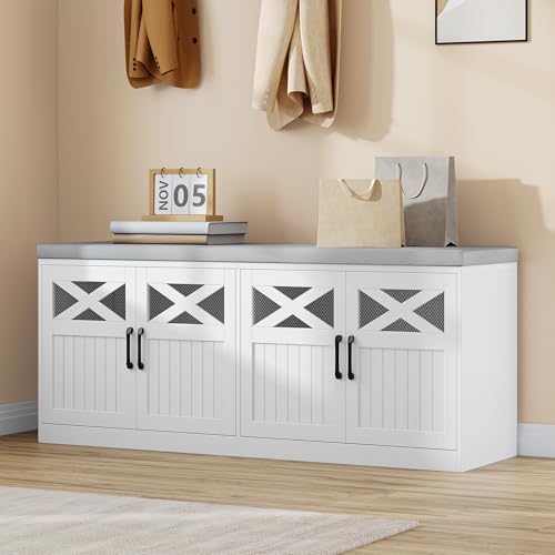Hzuaneri 47.2" Shoe Storage Bench with 4 Barn Doors & Padded Seat Cushion by Hzuaneri