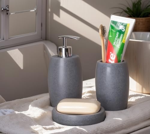 Clasin Home Grey Bathroom Accessories Set 3 PC, Resin Sandstone Look Soap Dispenser, Toothbrush Cup, Soap Dish, Bathroom Soap Dispenser Set for Home Decor and Kitchen - Image 2