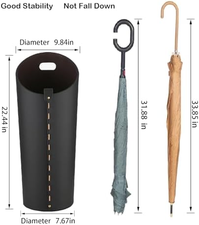 Black Umbrella Holer for Entryway with Drip Tray and 2 Steel Hooks Leahter Tall 22.44 Inches Umbrella Stand Rack Indoor Can Store 10 Golf Umbrellas or Crutches Toy Swords etc - Image 3