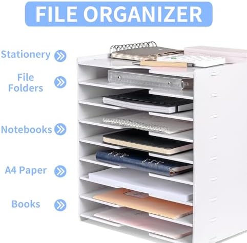 Paper Organizer Storage for Desk, 9 Tier Construction File Organizer Paper Sorter, Desktop Document Storage Holder for Home Office School, 14 1/8" x 10 1/4" x 15 3/8", White - Image 2