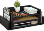 Ballucci 3-Tier Desk Organizer with 2 Side Mail Sorter Slots, Wood Letter Tray, Open Top Paper Organizer, Desktop File Organizer, Black by Ballucci