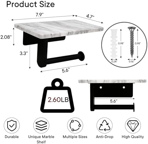 Toilet Paper Holder with Natural Marble Shelf for Bathroom Washroom,Wall Mounted Tissue Holder Suitable for Mega Rol(Middle 7.87 * 4.72 in, Matte Black) - Image 2