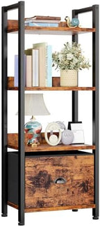 Furologee 4 Tier Bookshelf with Drawer, Small Narrow Bookcase, Rustic Brown by Furologee
