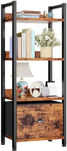 Furologee 4 Tier Bookshelf with Drawer, Small Narrow Bookcase, Rustic Brown by Furologee
