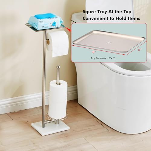 Toilet Paper Holder with Tray at The Top, Sturdy Marble Base No Wobby, Holding Extra 3 Toilet Paper Rolls As Spare Use, Freestanding No Drilling (Brushed Nickel) - Image 2
