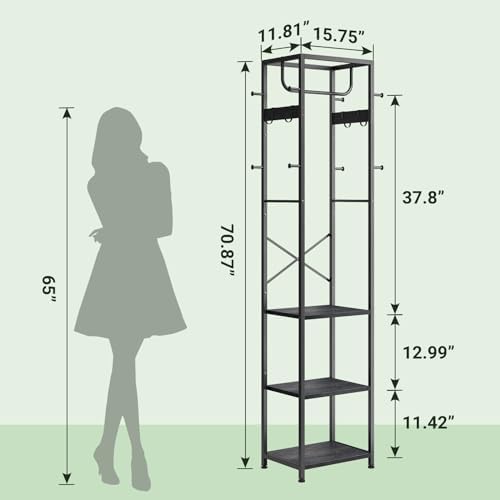 ELYKEN Coat Rack Freestanding, Hall Tree with 3 Shelves and 12 Hooks, Black - Image 3