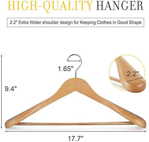 TOPIA HANGER Set of 6 Luxury Natural Wooden Coat Hangers, Premium Wood Suit Hangers, Glossy Finish with Extra-Wide Shoulder, Thicker Chrome Hooks & Anti-Slip Bar CT02N - Image 2