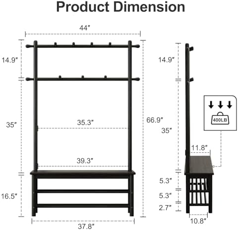 AQIMUELE Coat Rack with Shoe Storage, Wooden Hall Tree with Bench, 11 Hooks and 2-Tier Storage Shelves, 3-in-1, Entryway Bench with Coat Rack (39.3"-Black) - Image 2