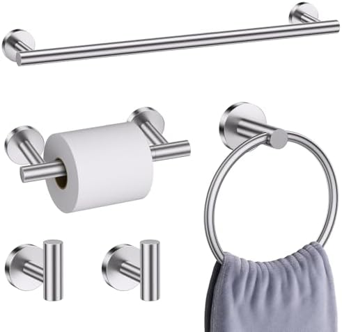 Brushed Nickel Bathroom Hardware Accessories Set, 5 Pieces Round Towel Bar Set Toilet Paper Holder Towel Rail Set for Bathroom Stainless Steel Wall Mounted Bathroom Set,23.6 in by SOAEZ
