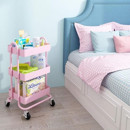 Metal Rolling Cart,3-Tier Pink Rolling Cart with Wheels,Metal Utility Cart with Wheels for Office,Home,Kitchen,Garden（13.4"x18.1"x31"） Pink - Image 5