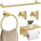 Brushed Gold Bathroom Hardware Set, 5 Pieces Gold Towel Bar Bathroom Accessories, Upgraded Toilet Paper Holder with Shelf Set, 23.6 Inch Towel Rack Towel Holder for Bathroom Wall by SOAEZ