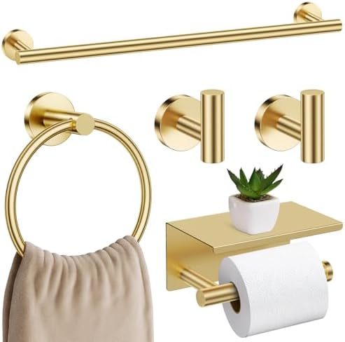 Brushed Gold Bathroom Hardware Set, 5 Pieces Gold Towel Bar Bathroom Accessories, Upgraded Toilet Paper Holder with Shelf Set, 23.6 Inch Towel Rack Towel Holder for Bathroom Wall by SOAEZ