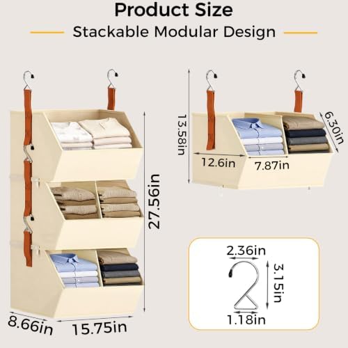 UFORU 3-Tier Hanging Closet Organizer with Dividers for Dorm & Bedroom - Image 3