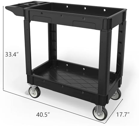 2 Tier Plastic Rolling Cart Utility Cart on Wheels, Heavy Duty Tool Carts with Ergonomic Storage Handle and Deep Shelfs, Work Cart Service Cartss for Garage, Warehouse, Workshop, Office, Cleaning - Image 2