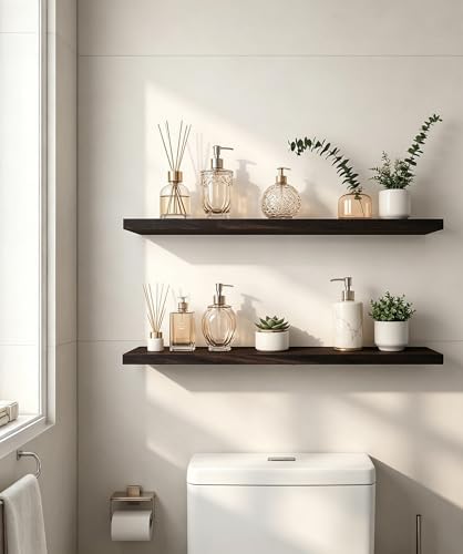 24 Inch Rustic Wood Floating Shelves Farmhouse Wooden Wall Shelves for Bathroom Bedroom Living Room Kitchen Office Set of 4 Brown - Image 3
