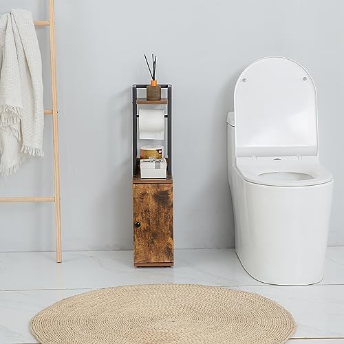 SUNTAGE Small Narrow Bathroom Storage Cabinet w/Toilet Paper Roll Holder, Slim Toilet Paper Storage for Bathroom, Brown - Image 6