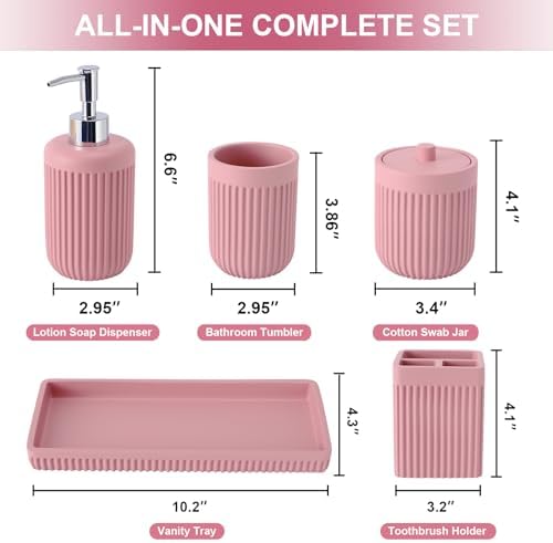 XLHOMO Resin Pink Bathroom Accessories Set 5 Pcs, Lotion Soap Dispenser, Toothbrush Holder, Bathroom Tumbler, Qtip Holder and Vanity Tray, Bathroom Countertop Organizer Set for Modern Home Apartment - Image 2