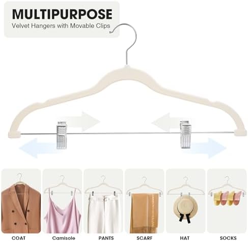 48-Pack Beige Velvet Hangers with Clips Adjustable,Adult Hangers,Heavy-Duty,Felt,Non-Slip,Space Saving,Slim Outfit Hanger for Pants, Skirts, Suits,Coats, Dresses ect. - Image 6