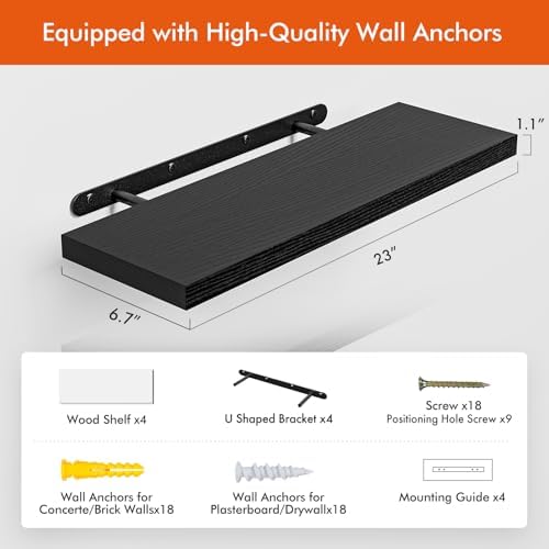 YUFLINX 23’’Black Floating Shelves for Wall,Rustic Wood Shelf for Room Decor/Storage/Display,Small Bookshelf,Wall Mounted Hanging Shelves for Bedroom, Bathroom, Living Room, Kitchen,Set of 4 - Image 3
