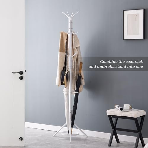 Kitsanery Coat Rack Freestanding,Metal Coat Tree with Umbrella Holder,Hat and Coat Rack Stand for Entryway, Hallway, Living Room, Bedroom (White) - Image 4
