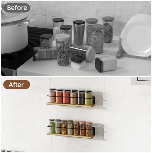 Spice Rack, Self-Adhesive or drilling, Rustic Style Hanging Spice Rack, Spice Organization for Cabinet Door or Wall Mount, Over The Stove, Kitchen Wall, 4-Pack, Wood Color - Image 3