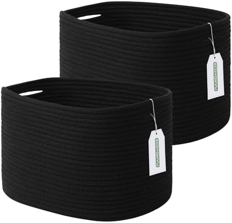 ECDYQXVU 15x10x9 Inch Woven Cotton Rope Storage Basket, Black, 2 Pack by ECDYQXVU