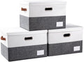 PRANDOM Foldable Storage Bins with Lids [3-Pack] Fabric Collapsible Storage Boxes Baskets Cubes Containers with Handles for Closet Living Room Bedroom (Grey & White 17.7x11.8x11.8'') by Prandom