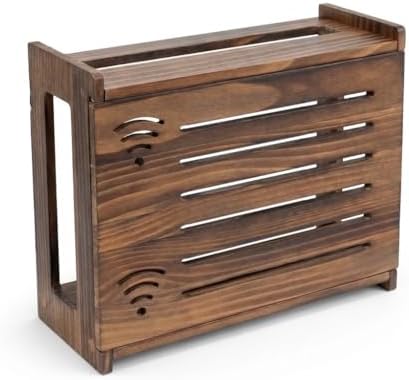 Router Box Hider, Router Shelf WiFi Box Hider, Wooden WiFi Storage Cabinet with Sliding Panel, Vented Back, Cable Management, Modem Cover, Cords & Power Strip, Wall Mount or Tabletop (Dark Oak) by Unknown