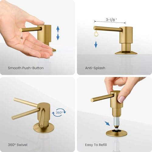 Kibi Kitchen Soap Dispenser – Lead-Free Solid Brass, Top-Fill Refillable Liquid Dispenser, 8.5 oz Capacity, Rust & Corrosion Resistant, Countertop Accessory for Kitchen & Bar Sink (Brushed Brass) - Image 6