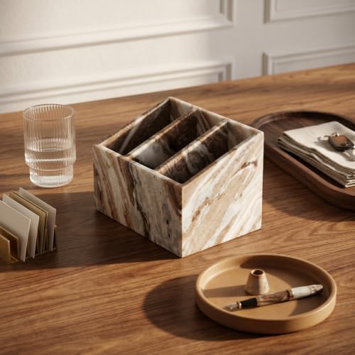 Luxury Natural Marble Pen and Makeup Holder, 3 Compartment Desk Organizer - Image 4