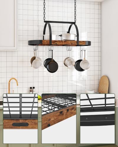 CHOEZON Hanging Pot Rack, Pot Hanger for Kitchen, Ceiling Mounted Pot Holder, Cookware Organizer with 12 S-Shaped Hooks, for Pot, Pan Storage, Space-Saving, Rustic Brown and Black TPR08BFC1 - Image 6