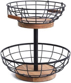 WILDMOS 2-tier Fruit Basket Bowl,Metal Basket with Wooden Base,Fruit and Vegetable Storage with Banana Hanger,Fruit Basket for Kitchen Counter Organizer. by WILDMOSENJOYYOURHOME