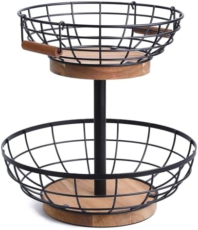 WILDMOS 2-tier Fruit Basket Bowl,Metal Basket with Wooden Base,Fruit and Vegetable Storage with Banana Hanger,Fruit Basket for Kitchen Counter Organizer. by WILDMOSENJOYYOURHOME