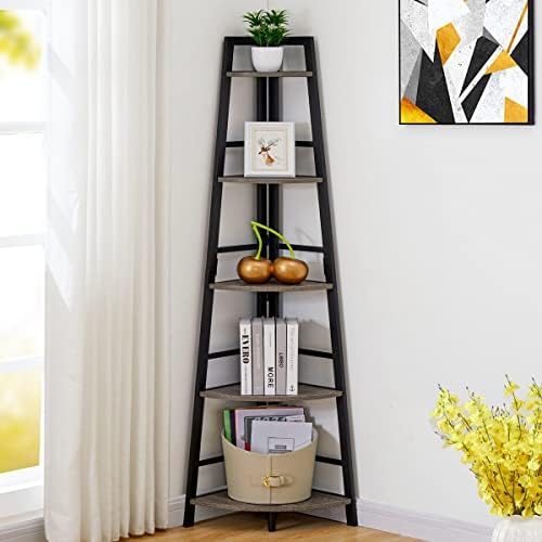 BON AUGURE Rustic Tall Corner Bookshelf, 5 Tier Wood and Black Metal Corner Ladder Shelf, Industrial Corner Bookcase and Gray Corner Shelf for Living Room, Bathroom, Kitchen (Dark Gray Oak) - Image 6