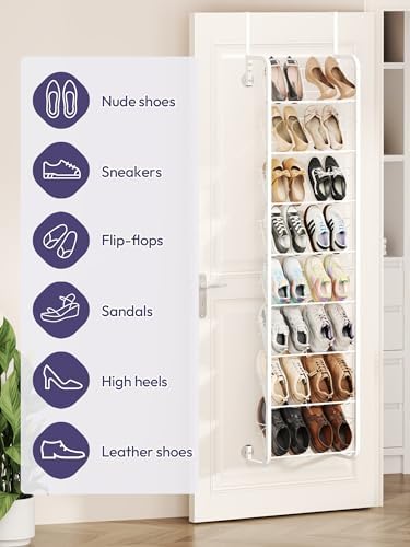 SWTYMIKI Over the Door Shoe Organizer - 8 Tier Wall Mount Shoe Rack for Door Storage- Heavy Duty Metal Hanging Shoes Shelf for Flats, Heels, Sneakers, Boots White - Image 3