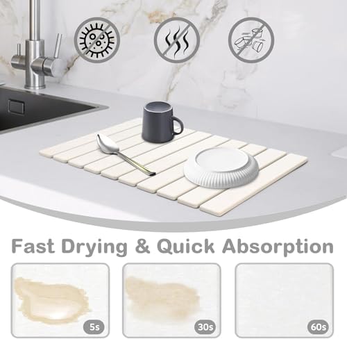 2Pcs Large Stone Dish Drying Mat for Kitchen Counter, Foldable Super Absorbent Diatomaceous Earth Mats with Anti-Slip Leather Base, Quick Drying Modern Dish Mat (White, 24"x 16" & 8"x 4" ) - Image 2