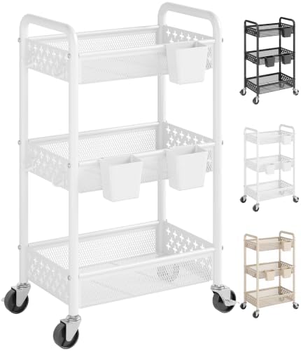 3 Tier Heavy Duty Metal Rolling Storage Cart Organizer with Wheels, White by Unknown