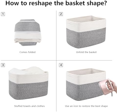 OIAHOMY 4 Pack Storage Basket, 13"x9"x7.8" Cotton Rope Baskets for Shelves, Closet Organizer for Bedroom & Living Room, Soft Decorative Bins for Organizing Towels, Books & Toys, Grey & White - Image 5