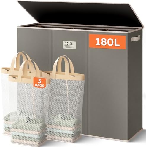 SOLEDI 180L 3-Section Laundry Hamper with Lid, Extra Large Dirty Clothes Basket with Sturdy Handles for Laundry Room & Bedroom - Durable Organizer for Sorting Laundry by SOLEDI
