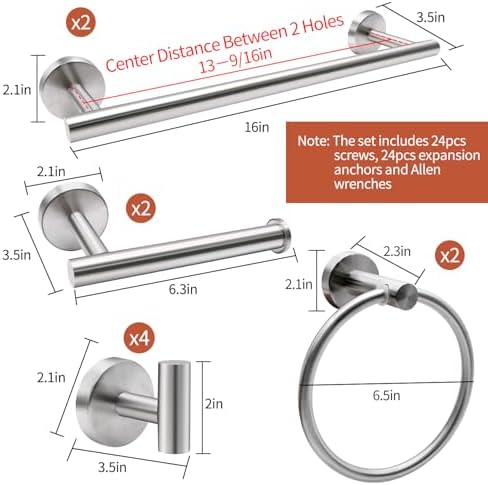 10pcs Bathroom Hardware Set, Brushed Nickel Bathroom Hardware Set, Including 16" Hand Towel Bars, Toilet Paper Holders, Towel Rings, Robe Towel Hooks - Image 6