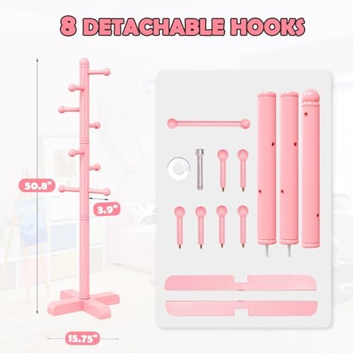 8-Hook Freestanding Wooden Coat Rack 2 Adjustable Heights Pink - Image 3