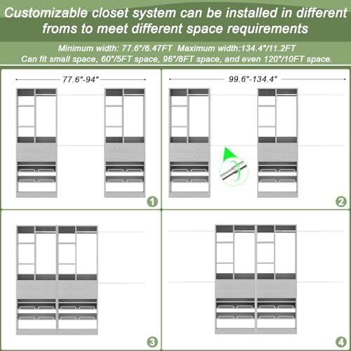 Besiost Closet System, Up to 134"/11.2 FT Closet Organizer with 4 Wooden Drawers and Shelves, Walk-in Closet System with 6 Hanging Rods, Built-in Closet Can Fit 96"/8FT, 120"/10FT, Morandi Grey Set 2 - Image 2