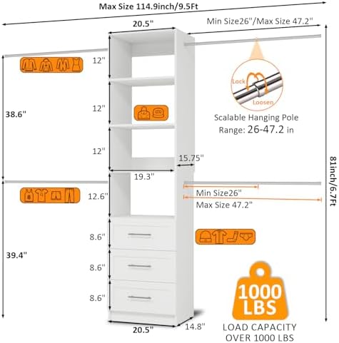 Closet System, 5FT-8FT Closet Organizer System with 3 Wooden Drawers, 99" Walk In Closet Organizer and Storage with 4 Expandable Hanging Rods, Wall Mount, White - Image 3