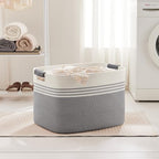 100L Large Woven Laundry Basket Hamper with Leather Handles,Grey - Image 3