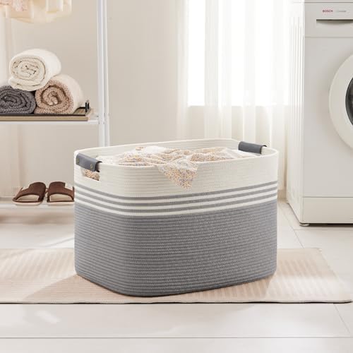 100L Large Woven Laundry Basket Hamper with Leather Handles,Grey - Image 3